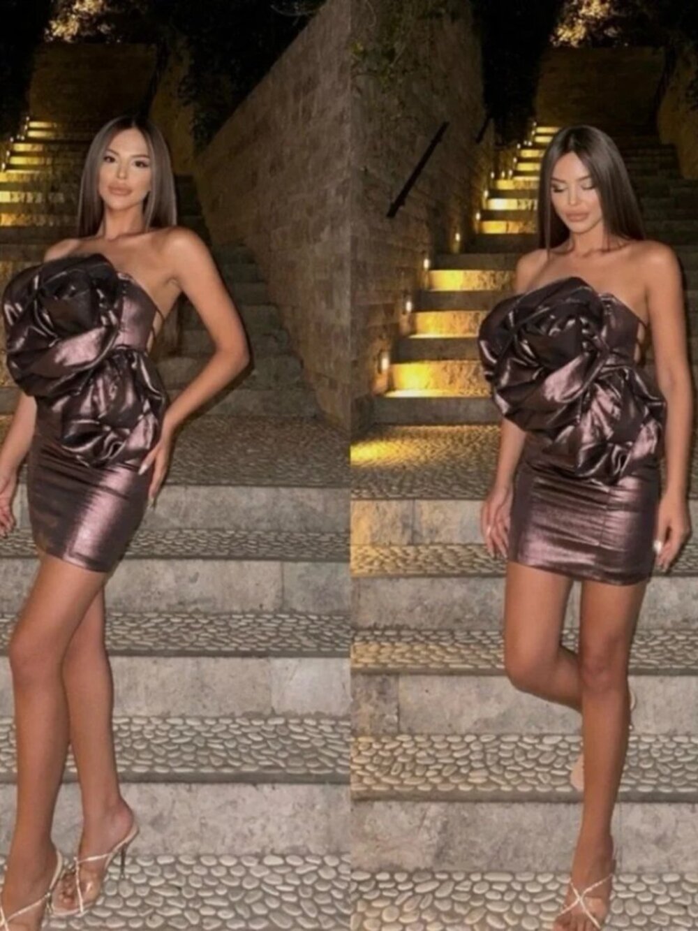 ZARA New Voluminous Flower Strapless Mini Metallic Bronze Dress Size M